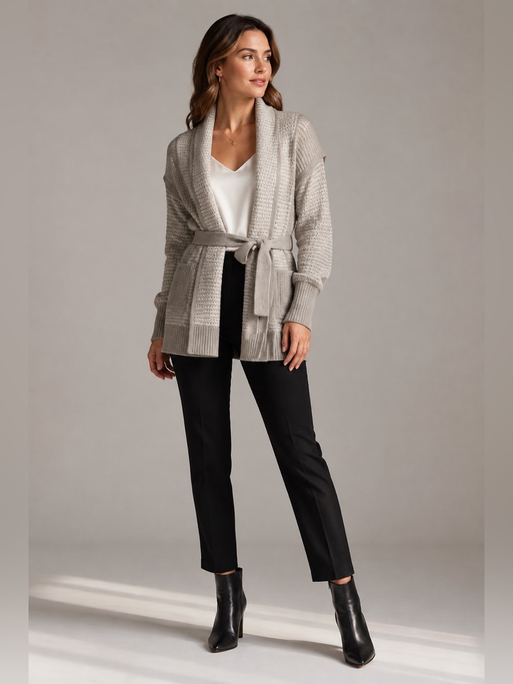 Princess Vera Wang Womens Gray Metallic Knit Belted Shawl Cardigan Sweater M